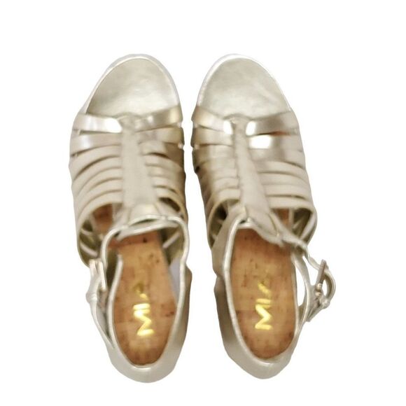 Mia Strappy Heels 9.5 Metallic Gold Open Toe Cone Heel Evening Dance Party - Picture 5 of 8